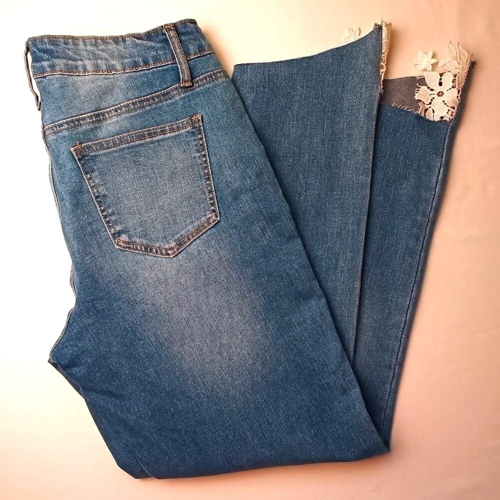 Copperflash Womens Murray Lace Hem Distressed Straight Leg Jeans Size 8 Blue